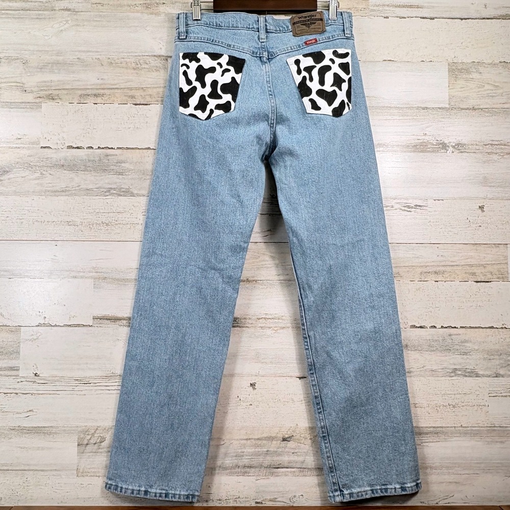 Wrangler Jeans Mens 31x30 Light Wash NEW Custom Cow Print Pockets Western Indie